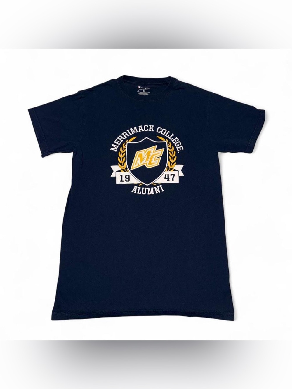 Champion Navy Blue Merrimack College Alumni Tee with Yellow Crest